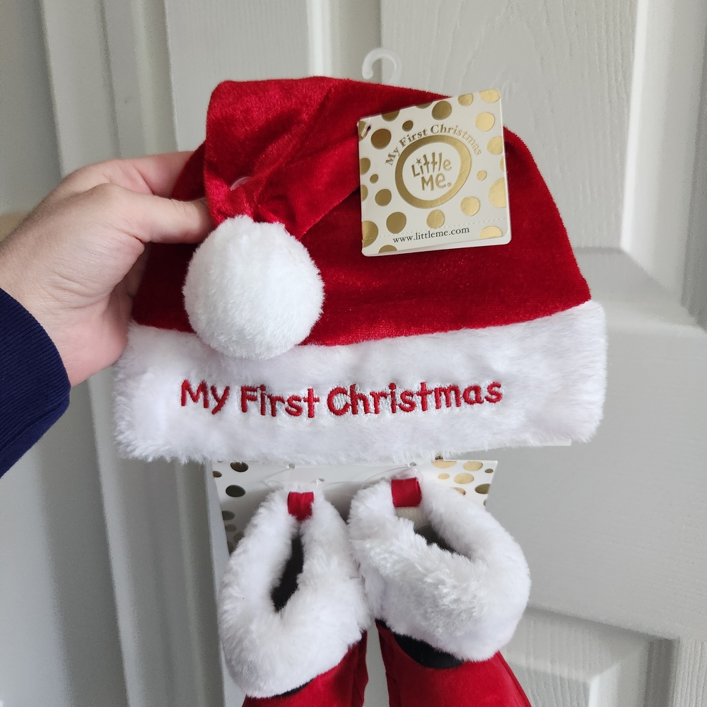 Little Me Festive Red and White Christmas Hat and Booties